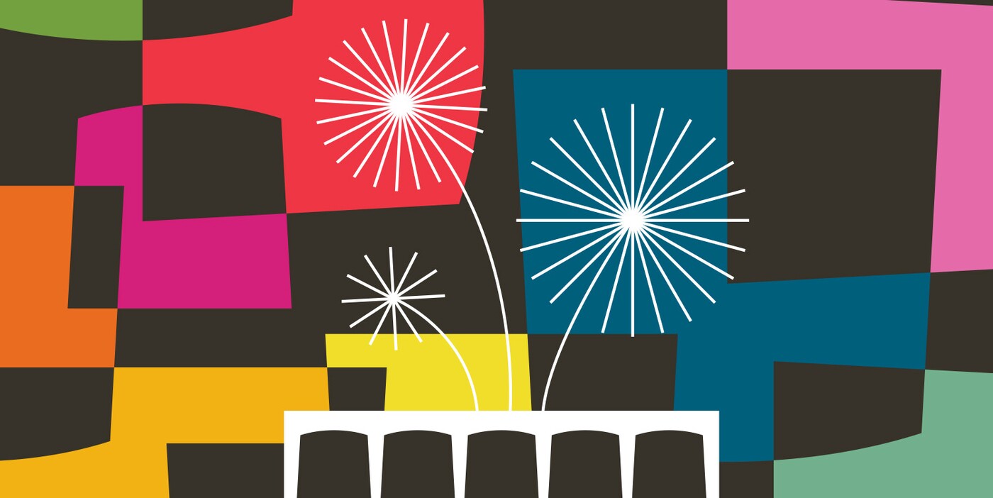 A white silhouette of the Carter building on a multicolored background with stylized fireworks in the sky.