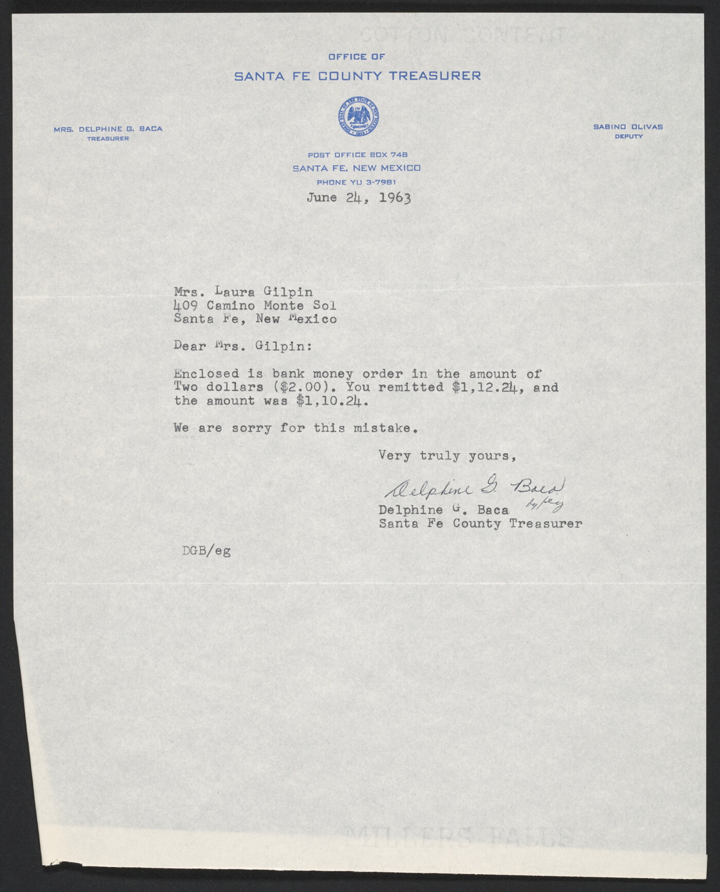Delphine G. Baca, Santa Fe County Treasurer, Santa Fe, New Mexico, to