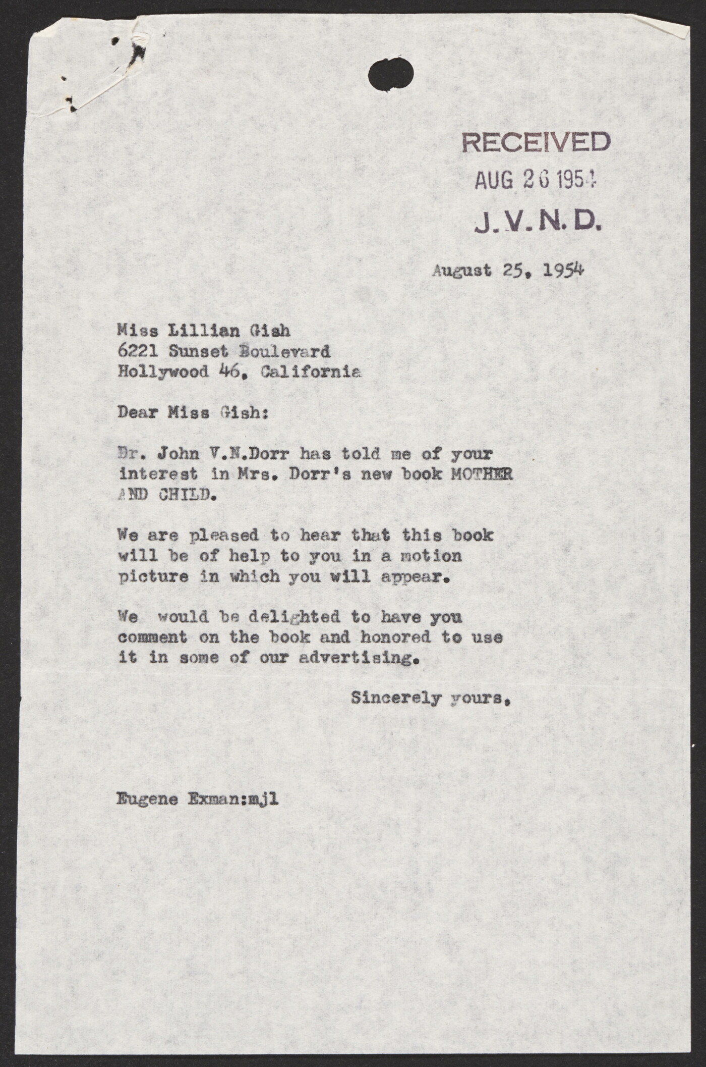 Eugene Exman to Lillian Gish. August 25, 1954. Amon Carter Museum of