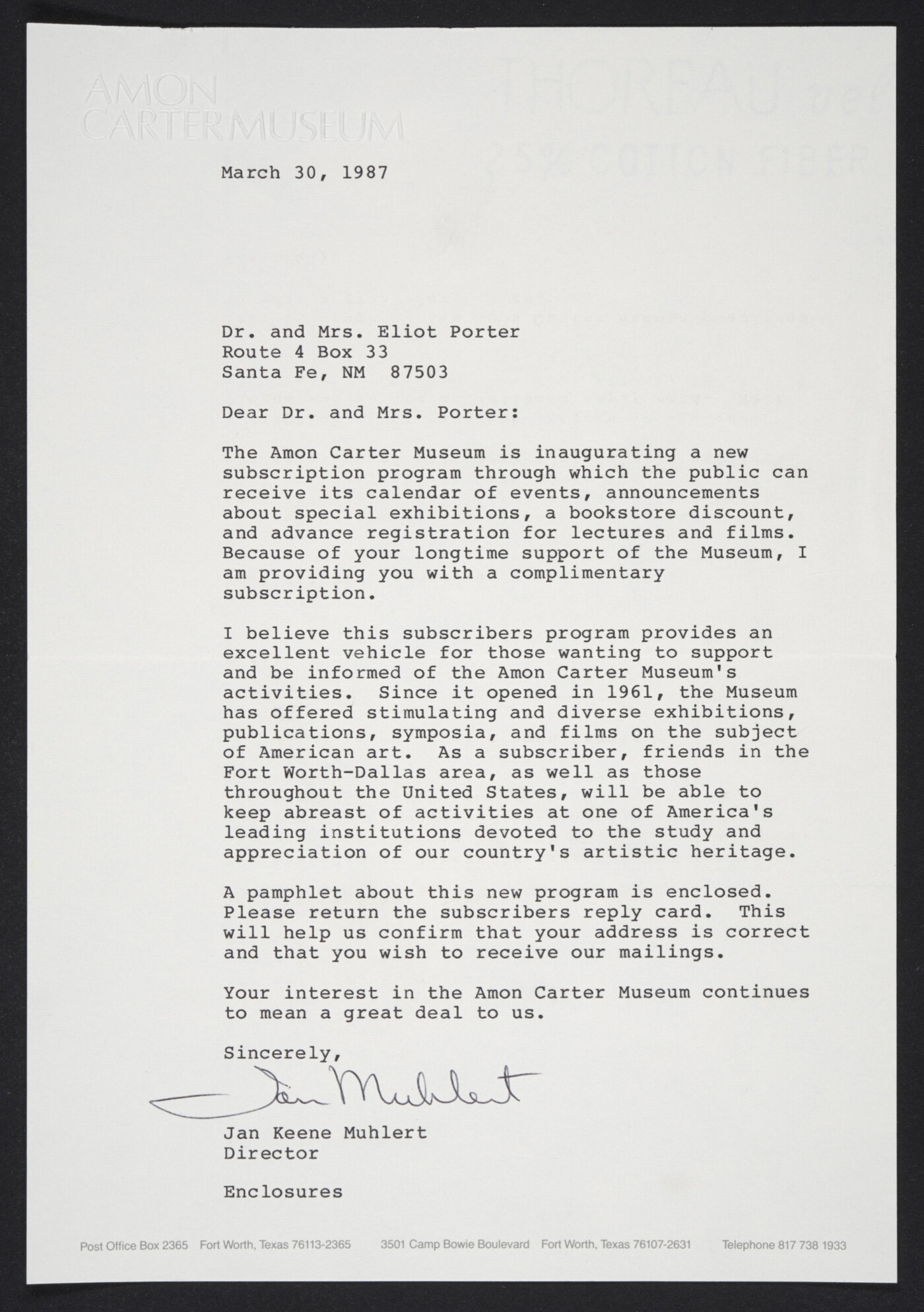 Jan Keene Muhlert, Director, Amon Carter Museum, Fort Worth, Texas, to