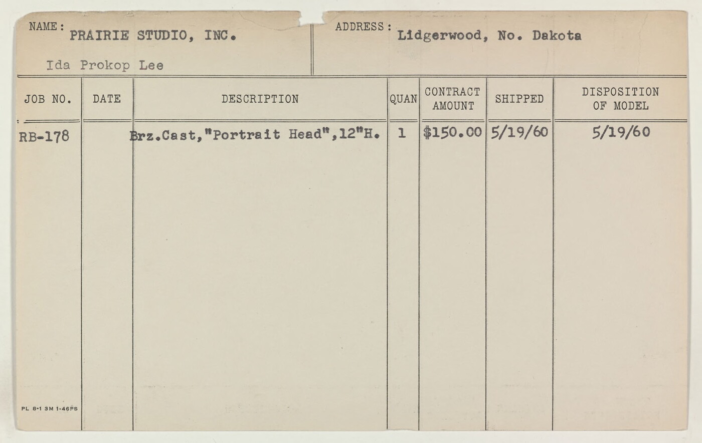 Client Card [Lee, Ida Prokop, Prairie Studio, Inc., Lidgerwood, ND] Amon Carter Museum of