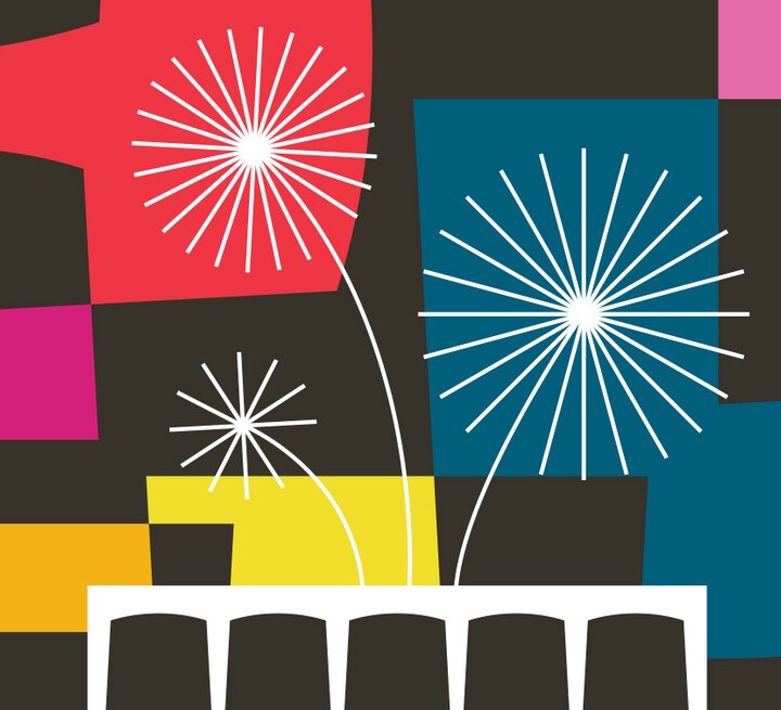 A white silhouette of the Carter building on a multicolored background with stylized fireworks in the sky.