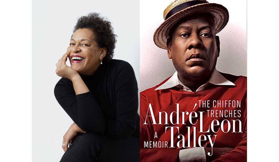 Portrait of artist Carrie Mae Weems on the left, and the cover of André Leon Talley's book "Chiffon Trenches" on the right.